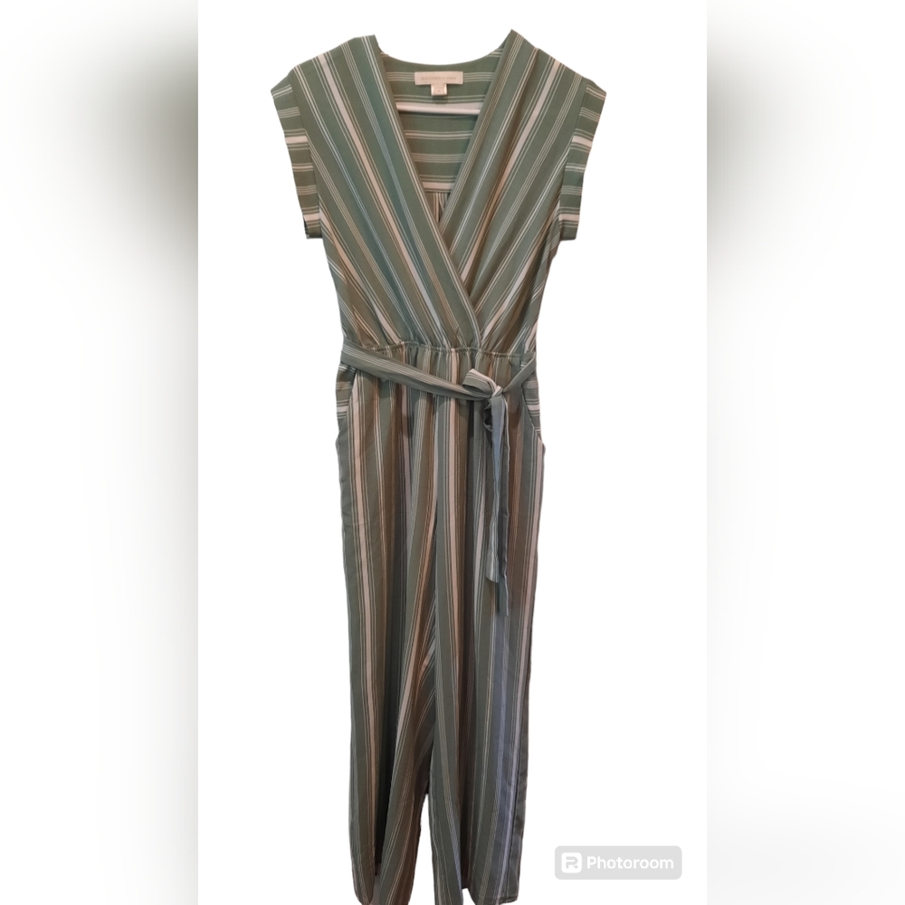 Monteau Romper Womans Medium Green/White Striped Wrap Top Casual Beach